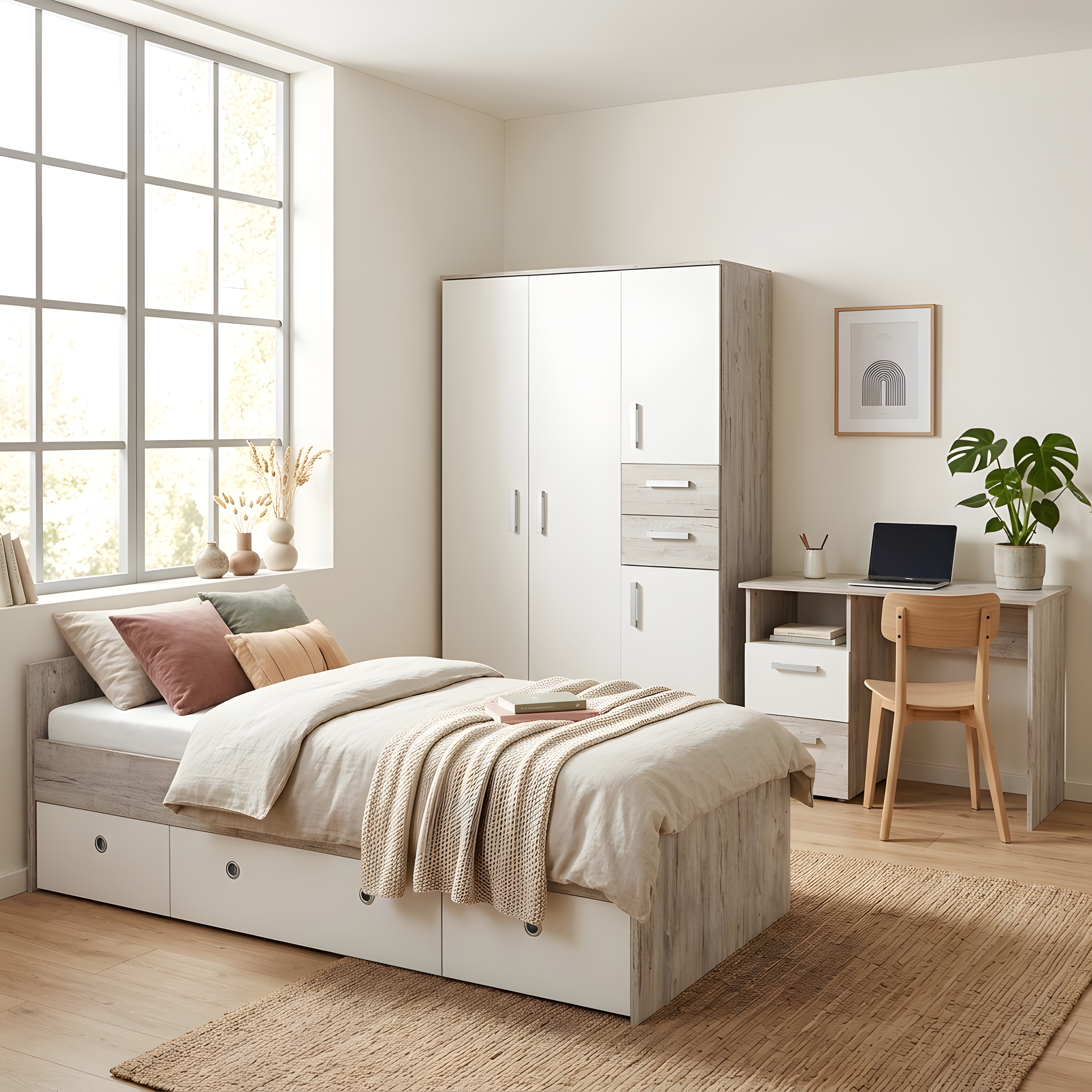 3-teiliges Jugendzimmer BENTE in Eiche-Sand-NB mit Kleiderschrank, Schreibtisch und Jugendbett 90x200cm | Arthur Berndt