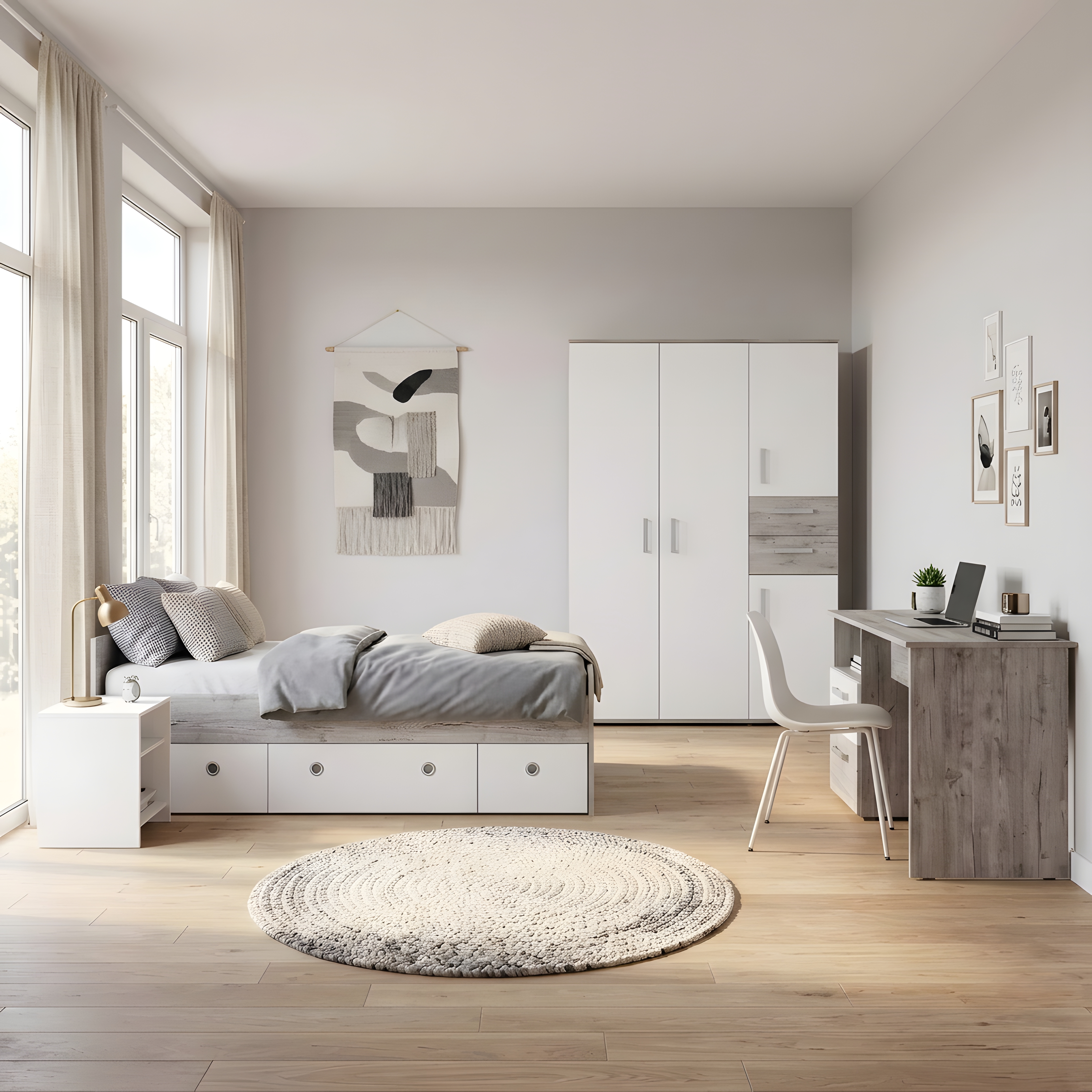 3-teiliges Jugendzimmer BENTE in Eiche-Sand-NB mit Kleiderschrank, Schreibtisch und Jugendbett 120x200cm | Arthur Berndt