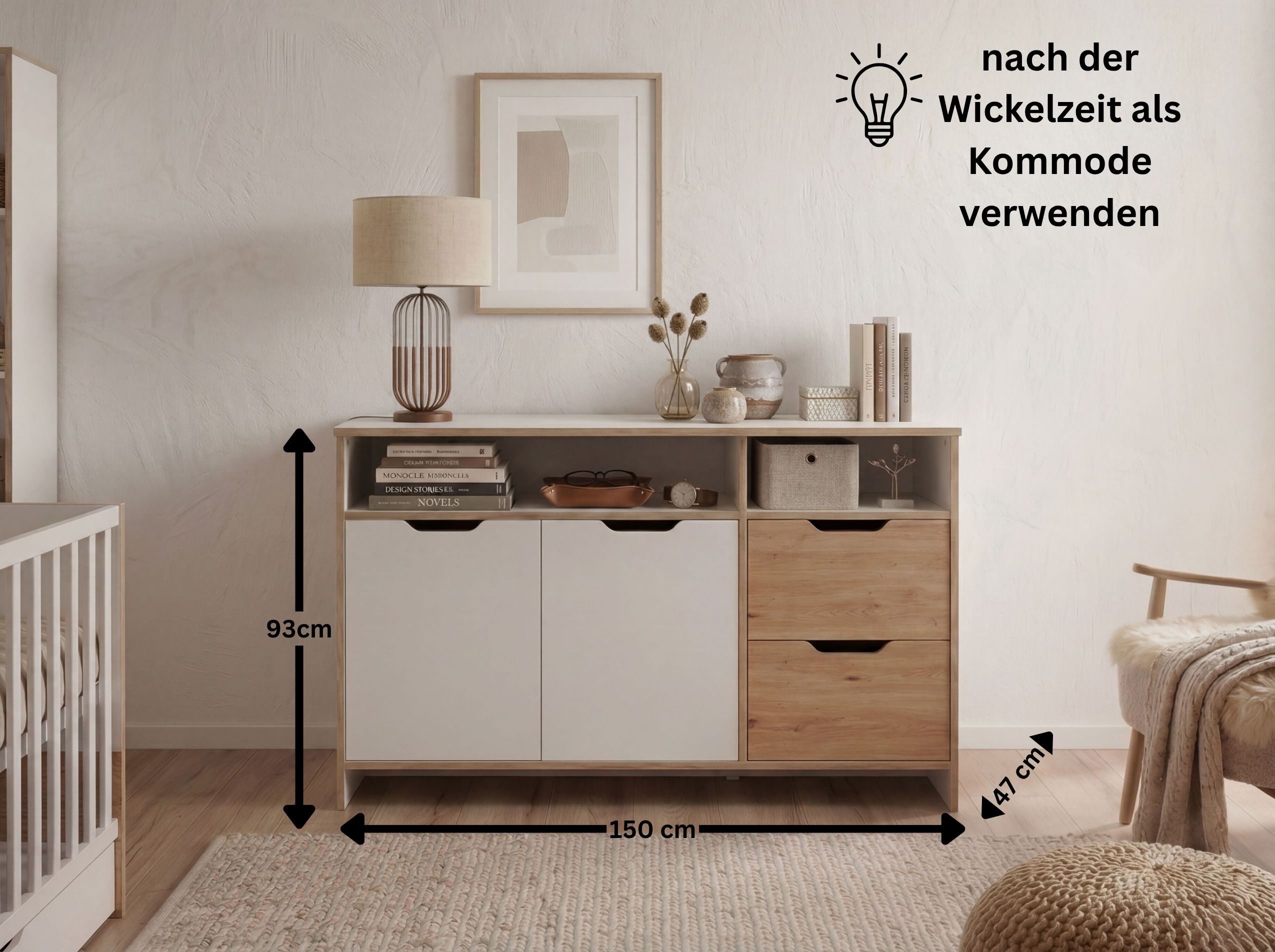 Wickelkommode mit abnehmbarem Wickelaufsatz MAXIM in Kreideweiß / Artisan Oak NB: Maße ohne Wickelaufsatz| Arthur Berndt