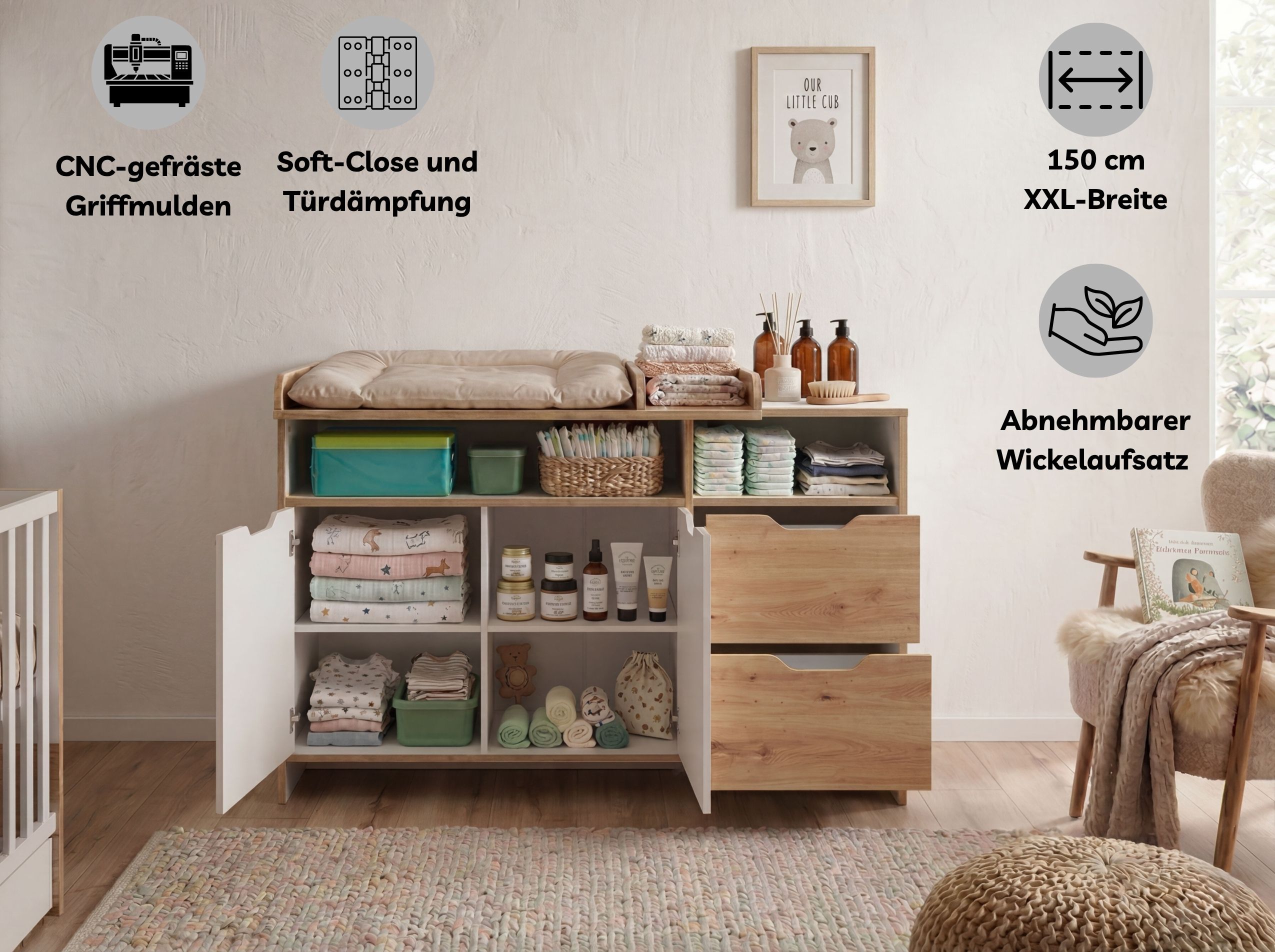 Wickelkommode mit abnehmbarem Wickelaufsatz MAXIM in Kreideweiß / Artisan Oak NB: geöffnet | Arthur Berndt