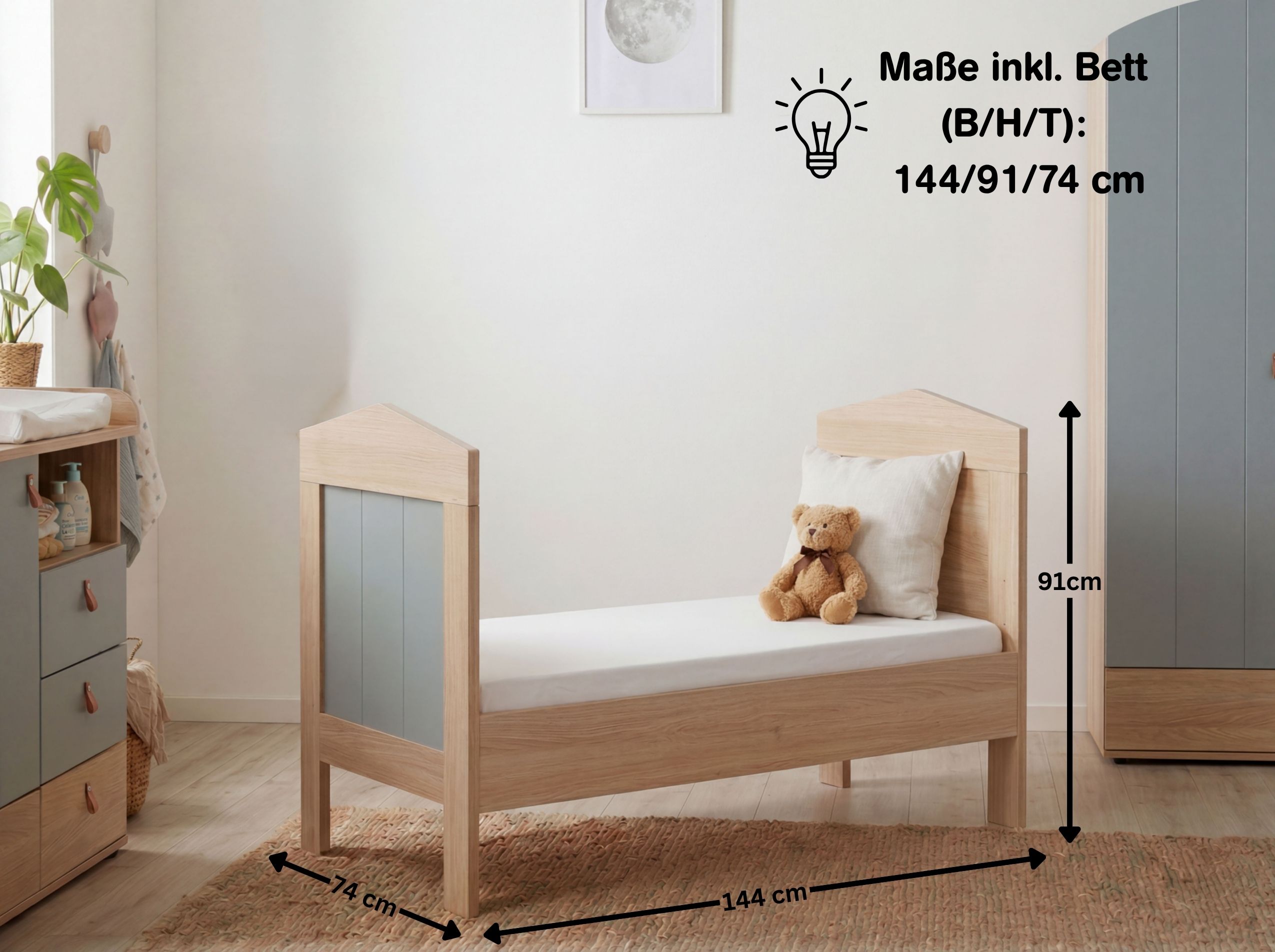 Kinderbett 70 x 140 cm inkl. Lattenrost ROOFY im Spitzdachdesign: Maße Juniorbett | Arthur Berndt