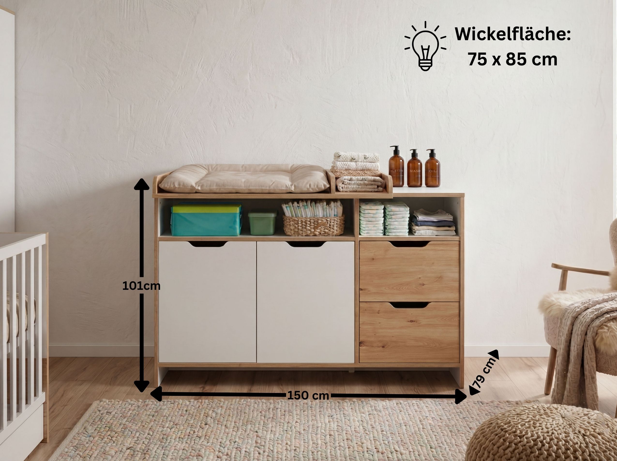 Wickelkommode mit abnehmbarem Wickelaufsatz MAXIM in Kreideweiß / Artisan Oak NB: Maße mit Wickelaufsatz| Arthur Berndt