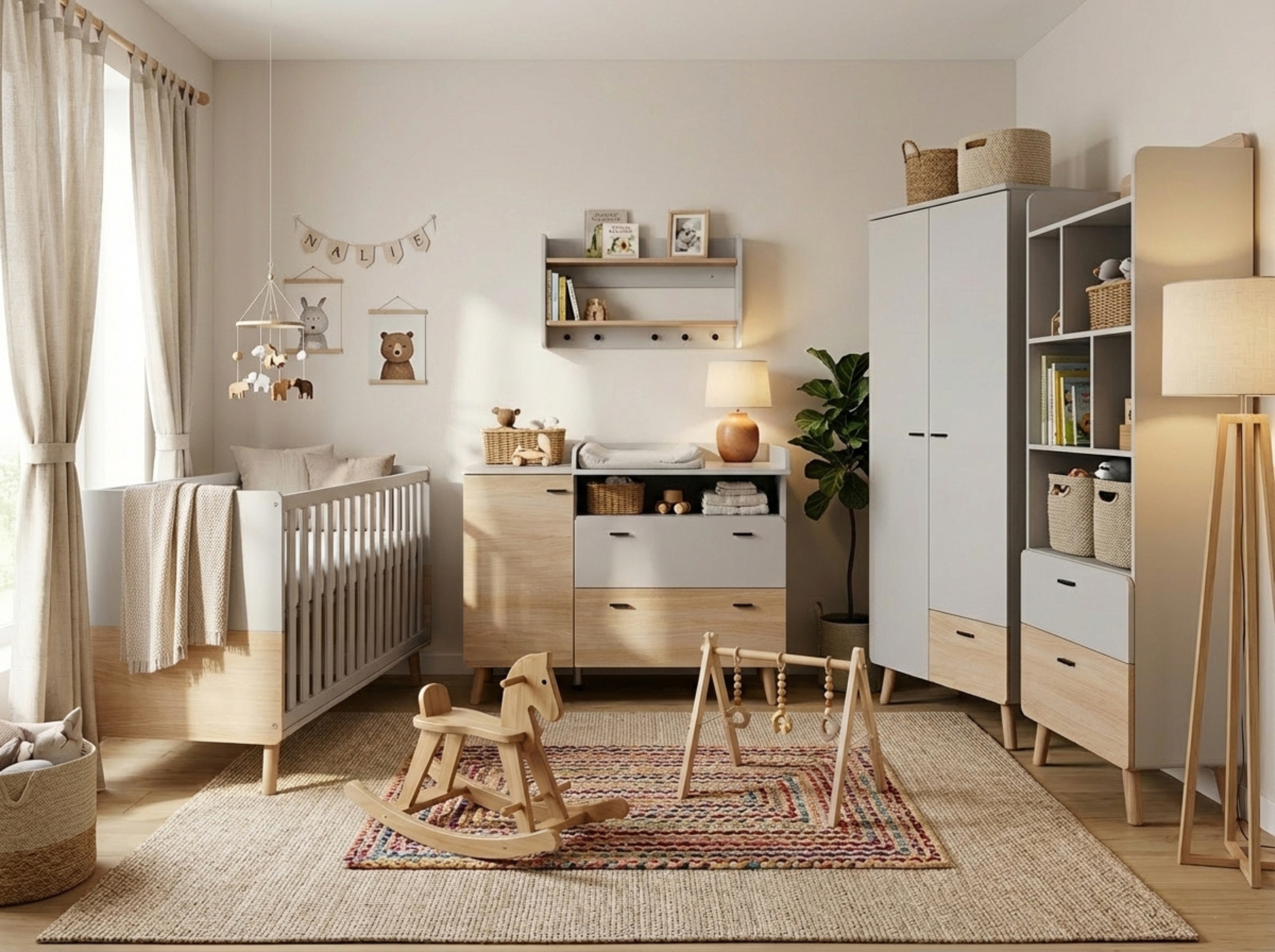 6-teiliges Babymöbel-Set LOVIS mit 2-trg. Kleiderschrank und breiter Wickelkommode