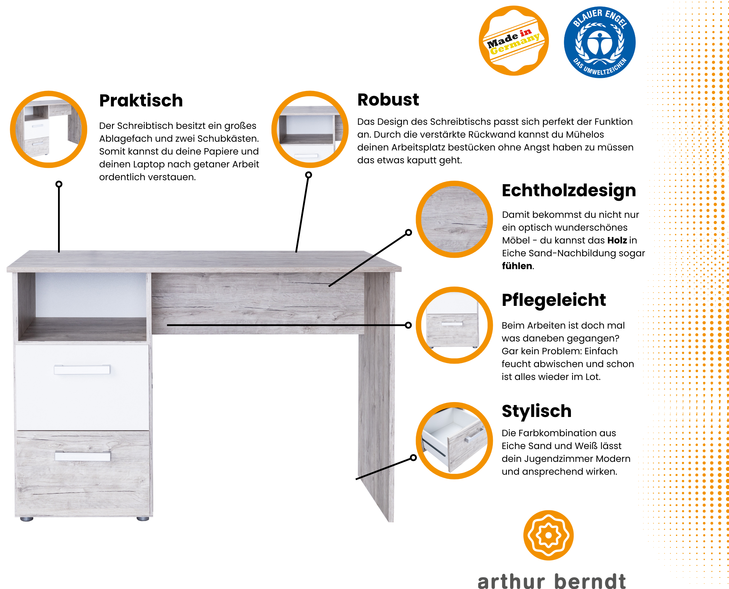 3-teiliges Jugendzimmer-Set »Bente« Eiche-Sand (Liegefläche 90 x 200 cm)