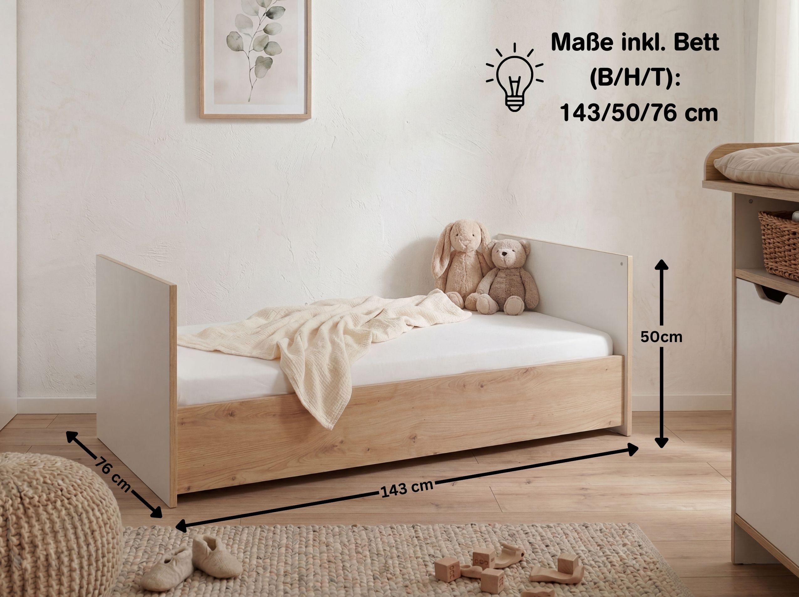 Umbauseiten für das Kinderbett 70 x 140 cm MAXIM in Artisan Oak NB: zum Umbau vom Babybett zum Juniorbett, Maße | Arthur Berndt