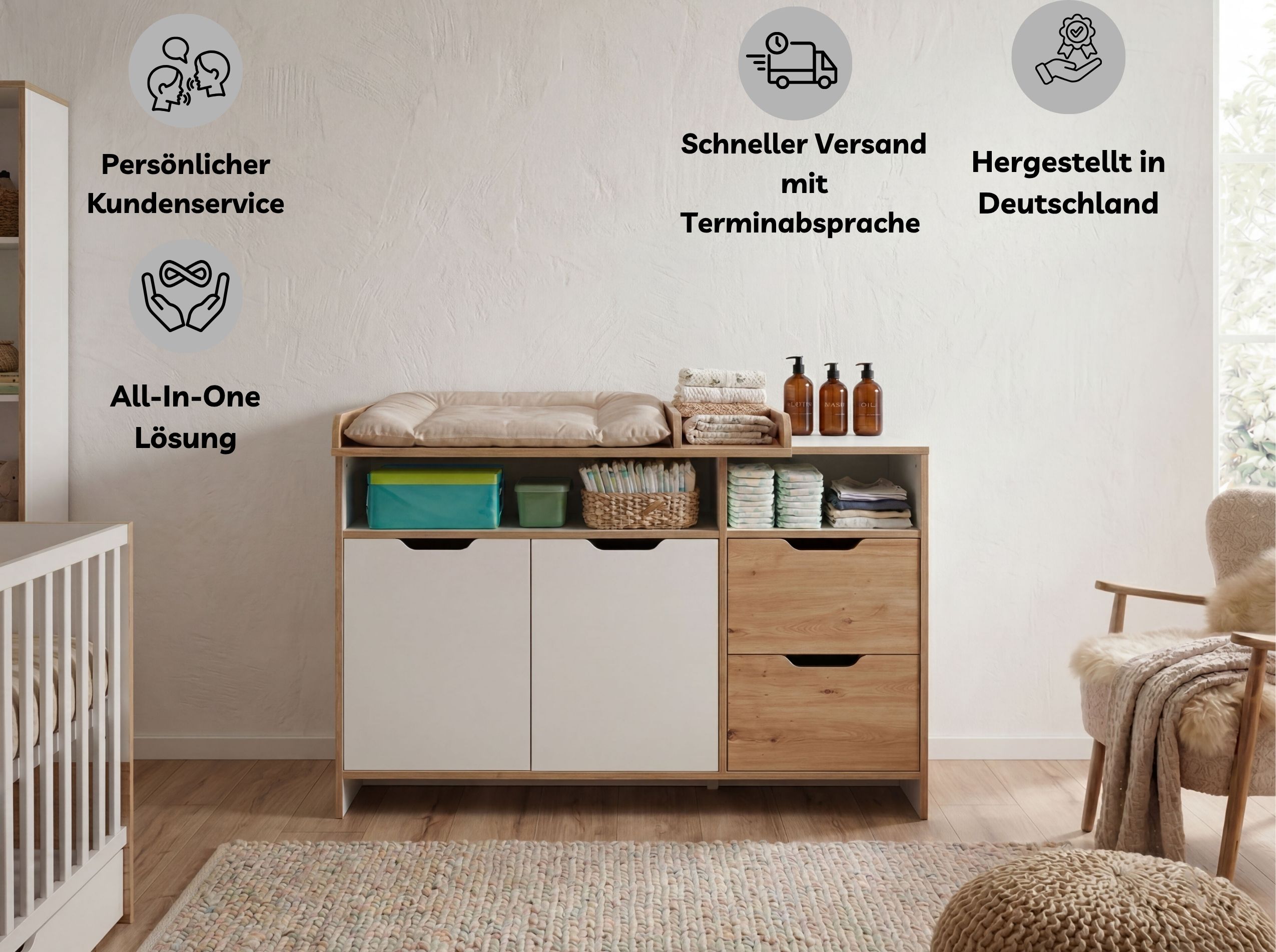 Wickelkommode mit abnehmbarem Wickelaufsatz MAXIM in Kreideweiß / Artisan Oak NB: Maße mit Wickelaufsatz: Deine Vorteile | Arthur Berndt