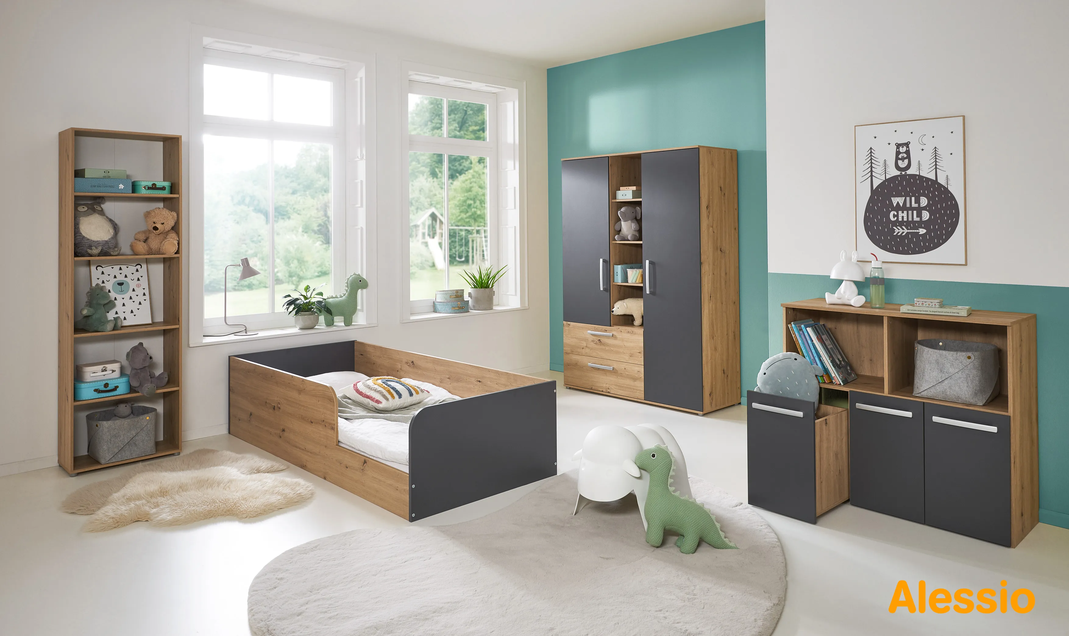 arthur berndt 4-tlg. Kinderzimmer Set Alessio mit Bodenbett, Spielzeugregal, Kleiderschrank und Standregal